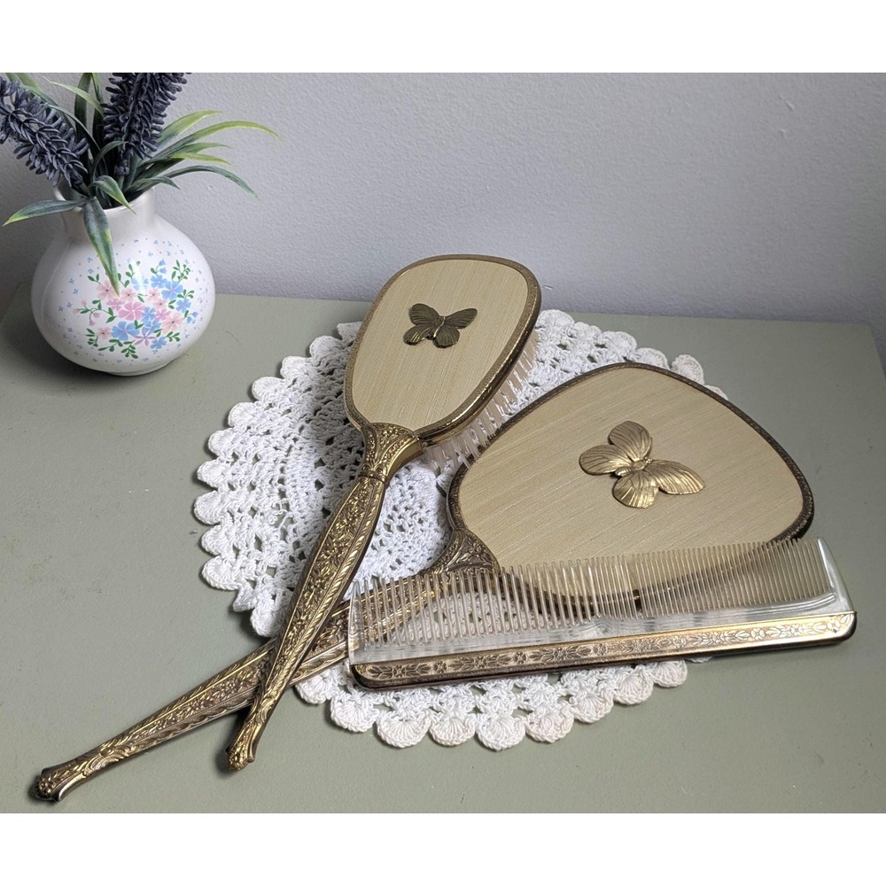 Vintage 1950s USA Gold Vanity Set Mirror Brush Comb Butterfly Floral